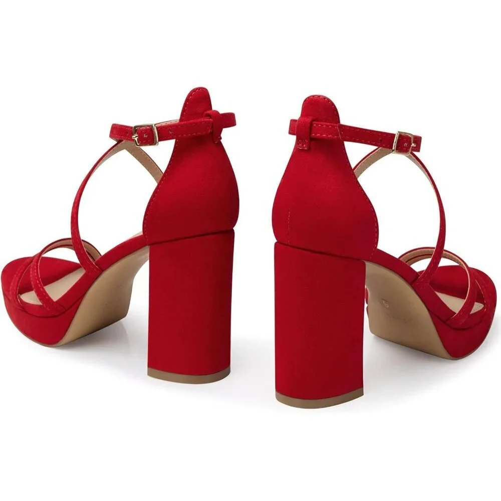 Women's Red-Suede Sandal Stylish Comfortable Chunky Blocked Strappy Heel Shoe